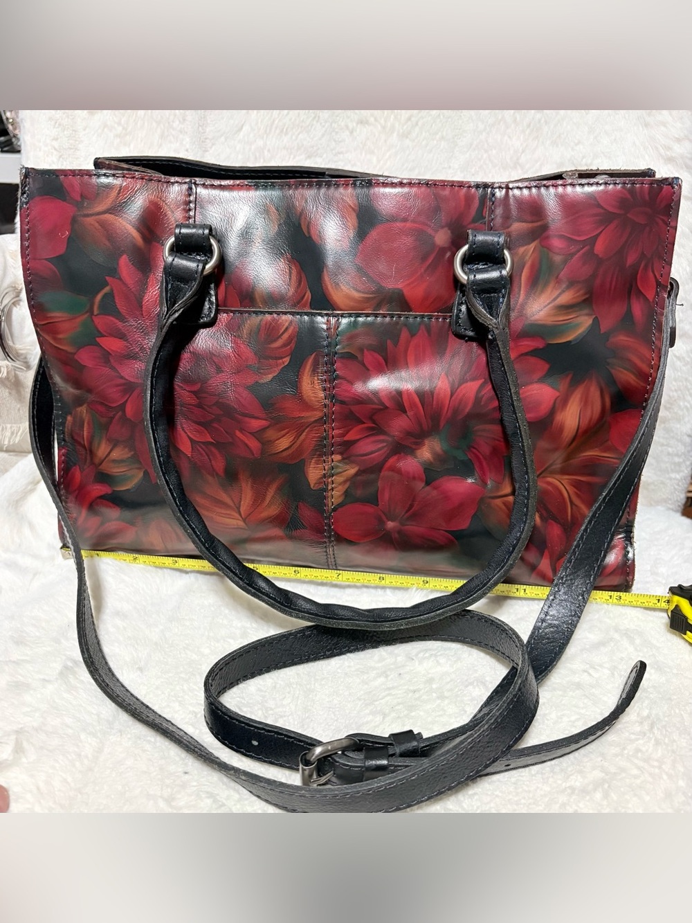 Patricia Nash Primrose satchel bag in the Rustic Mums floral leather print.